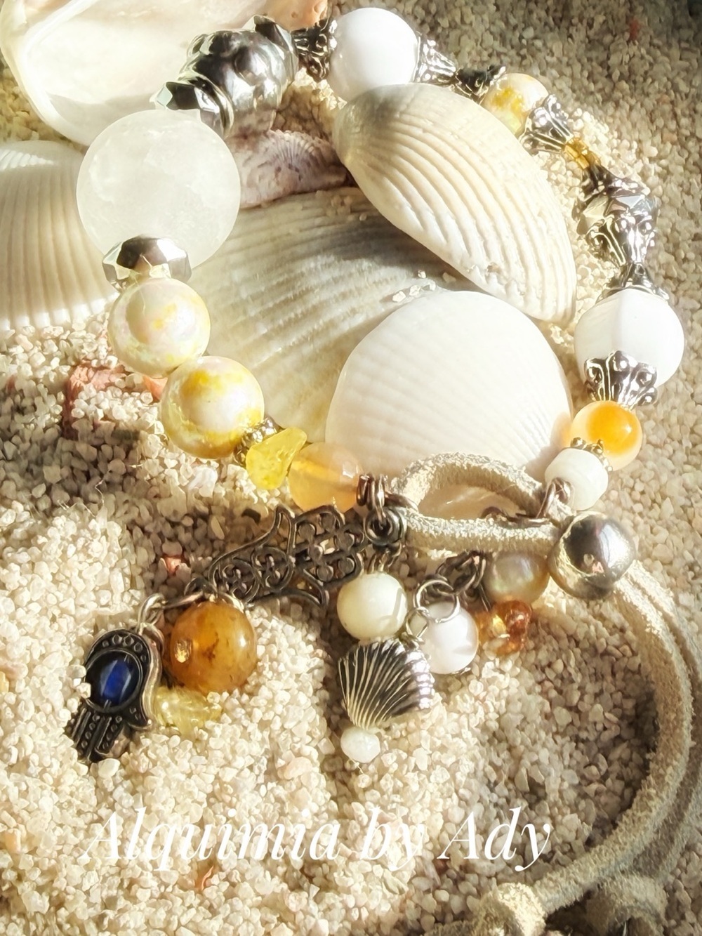 Exaggerated Yellow and White quartz Coastal Charm Bracelet suede wrap
